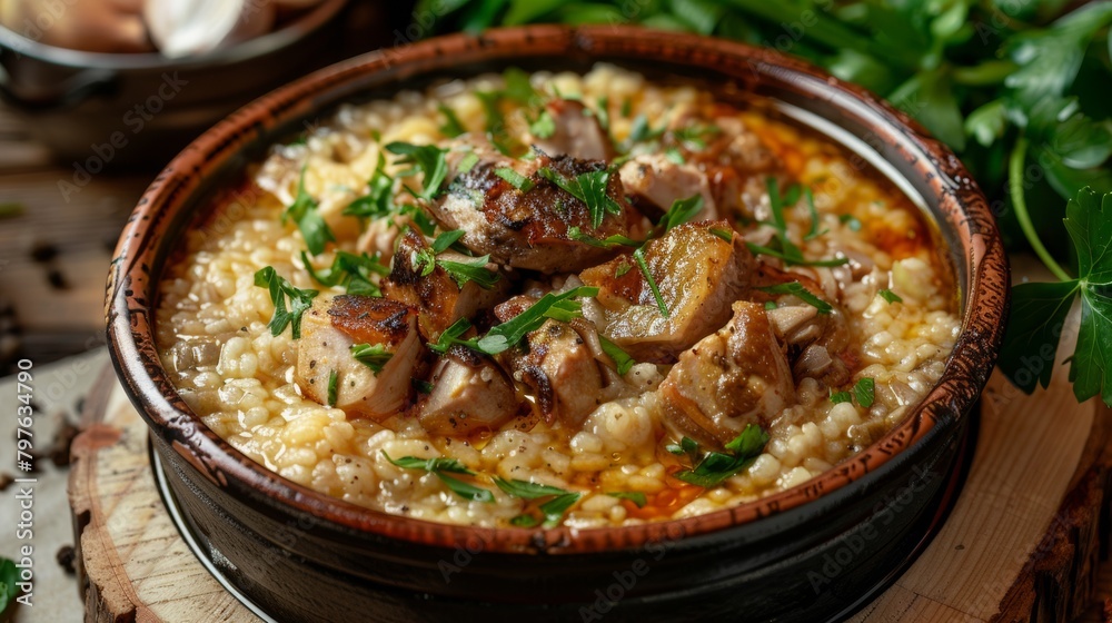Traditional dishes of Arisa Armenian cuisine. Wheat porridge with chicken. Traditional dishes of Arisa Armenian cuisine. Wheat porridge with chicken.