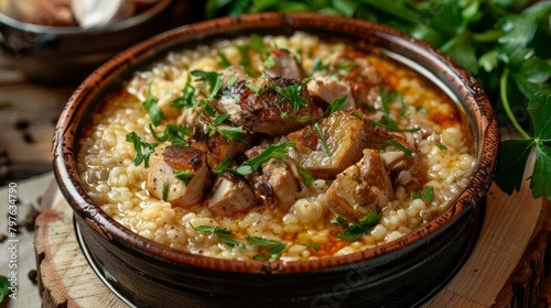 Traditional dishes of Arisa Armenian cuisine. Wheat porridge with chicken.