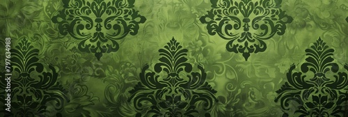 This image displays a lush forest green damask pattern, ideal for creating a mystical and luxurious ambiance.