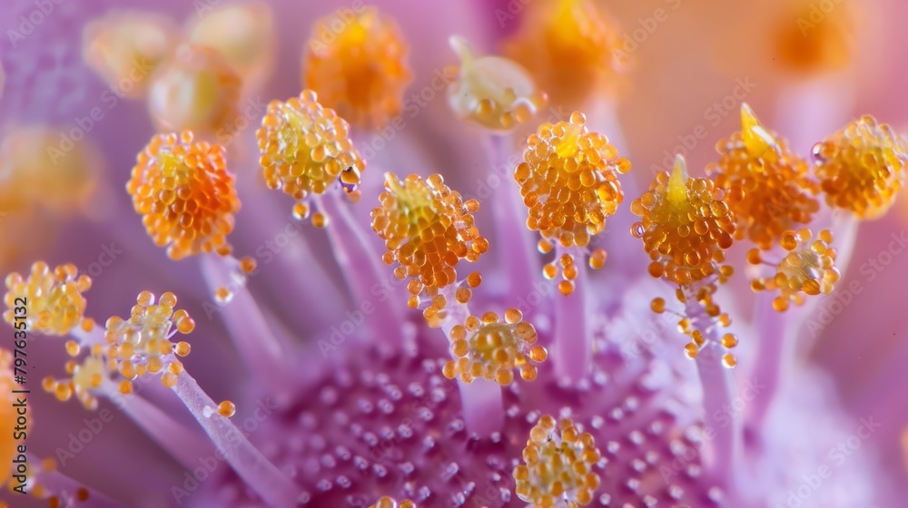 Fototapeta premium Detailed view of a flower covered in water droplets, showcasing the interaction of pollen grains with the stigma