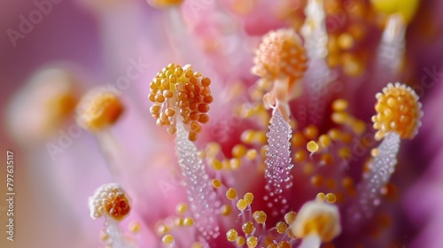 Close up view of pink flower showing pollen grains interacting with stigma, depicting initial stages of pollination