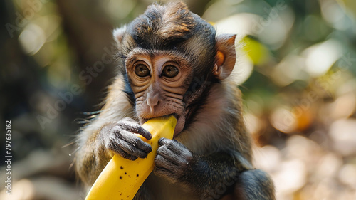 A little monkey is sitting and eating banana photo