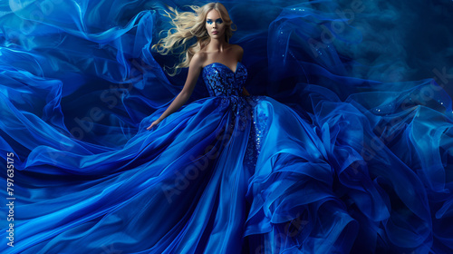 A blonde girl in a luxurious blue dress 