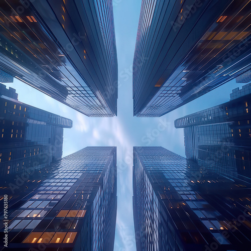 skyscrapers against the clouds  modern buildings view from below  banner  3D rendering 