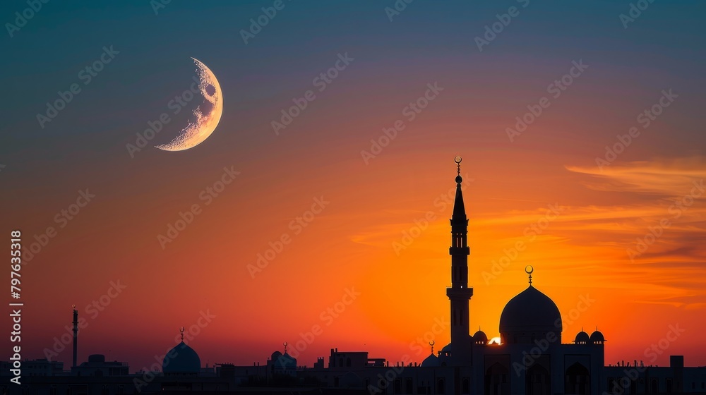A crescent moon illuminates the sky over a city at night