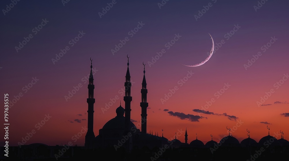 A crescent moon is seen in the sky above a silhouette of a minimalist mosque during twilight