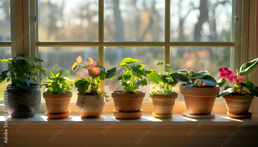 A row of pots sits neatly arranged on a sunlit window sill, each containing a different plant, adding life and color to the space