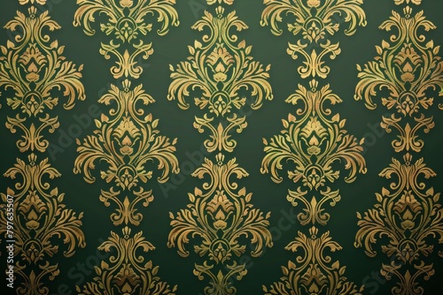 This image displays a lush forest green damask pattern, ideal for creating a mystical and luxurious ambiance.