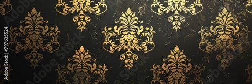 This opulent wallpaper features bold gold damask motifs on a deep black background, ideal for sophisticated interiors.