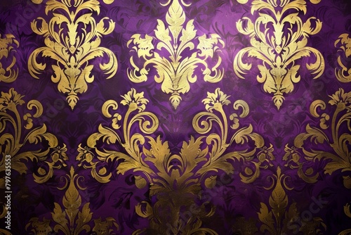 Purple and gold damask patterns dance on a speckled parchment texture for a regal aesthetic.