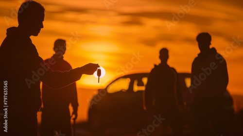 A group of individuals standing together near a car, with one person passing their car keys to a designated driver at a social event photo