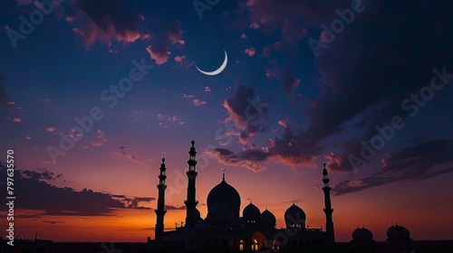 A crescent moon is visible in the sky above a mosque during twilight