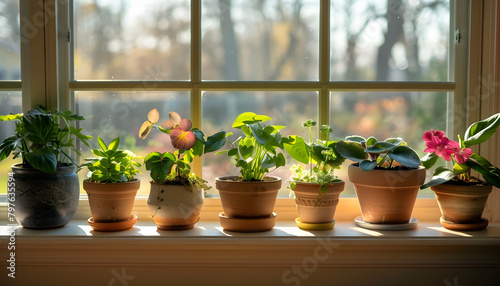 A row of pots sits neatly arranged on a sunlit window sill  each containing a different plant  adding life and color to the space