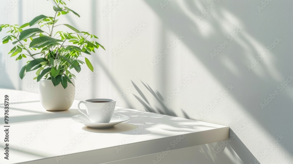 A cup of coffee sits beside a plant on a table. The minimalist white desk contrasts with the bright backdrop