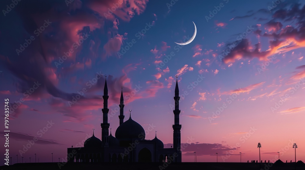 A crescent moon forms a partial circle in the night sky above a minimalist mosque silhouette at dusk