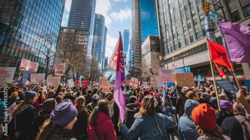 A wide-angle shot of a crowd of women participating in a march or rally for International Womens Day, holding flags and signs