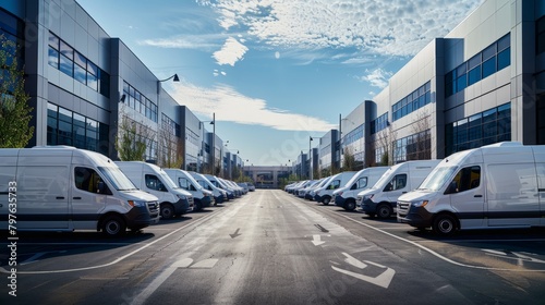 Neatly lined up row of white delivery vans parked outside a commercial building photo