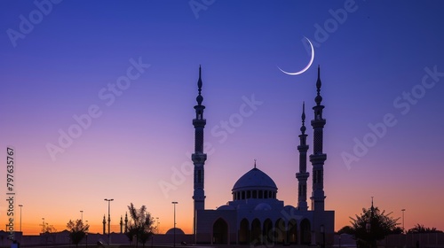 A mosque with a crescent moon in the sky, shot at dusk, creating a stunning silhouette against the bright moon