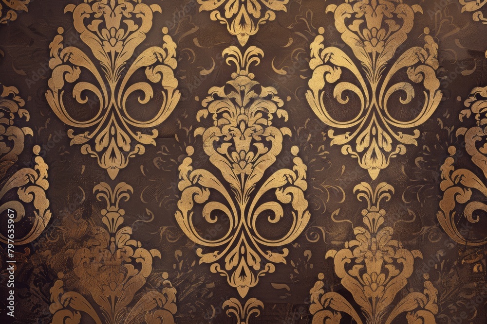 A splendid array of golden damask patterns spread over a chocolate brown canvas, evoking classic luxury. A splendid array of golden damask patterns spread over a chocolate brown canvas, evoking classic luxury.