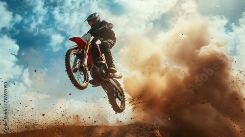 Professional stunt rider performing a daring maneuver on a dirt bike, flying through the air at a motocross track photo