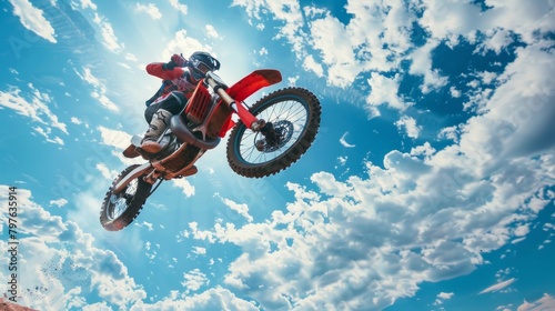 A motocross rider flying through the air on a dirt bike after launching off a ramp