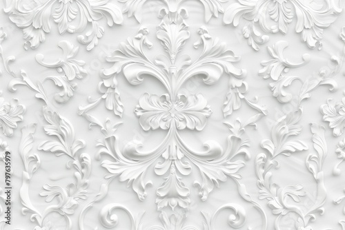 White baroque swirls create a classic and timeless wallpaper design, ideal for chic and bright interiors.