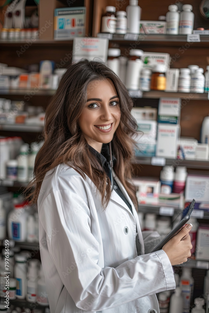 brunette doctor woman in drug store with tablet pc
brunette doctor woman in drug store with tablet pc