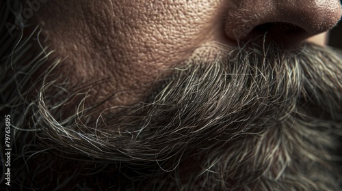A detailed view of a mans face showcasing his well-groomed moustache with soft lighting highlighting its shape and texture
