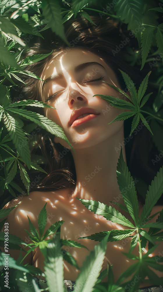 Beautiful young woman lying in a sunny field of Cannabis leaf. Concept of peace and tranquility Beautiful young woman lying in a sunny field of Cannabis leaf. Concept of peace and tranquility