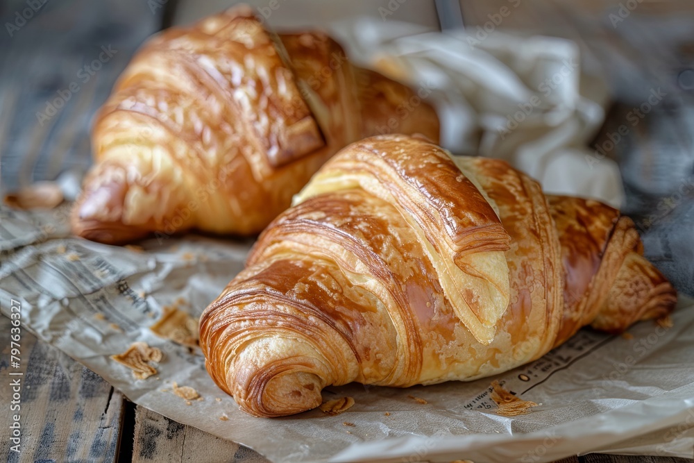Golden Bakery Delights: Artistic Photograph of Croissants on Rustic Backdrop