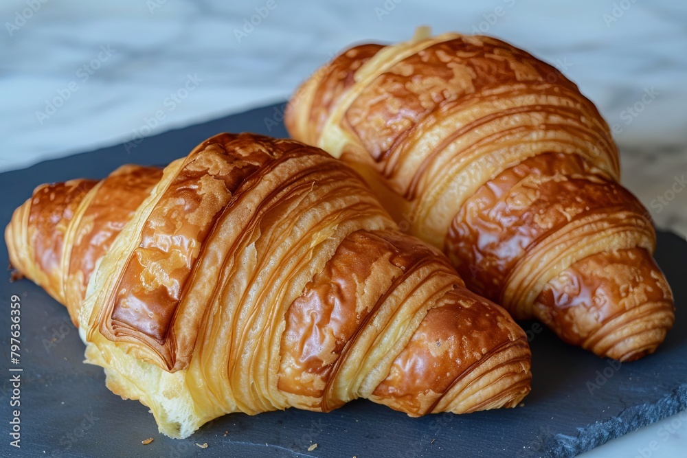 Golden Bakery Delights: Two Breakfast Croissants Captured in Focus on Slate