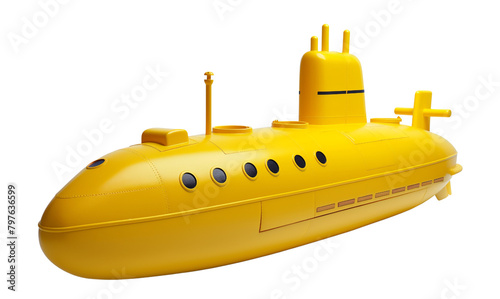 A yellow submarine with various hatches and portholes isolated on a black background.
