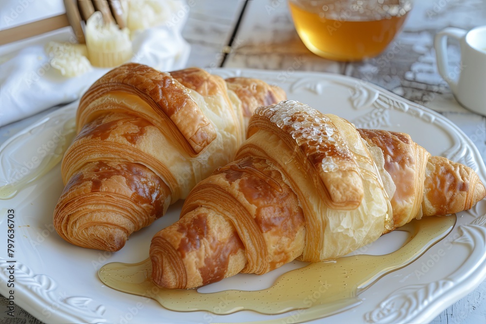 Fresh Bakery Morning Delight: Two Croissants Drizzled with Honey