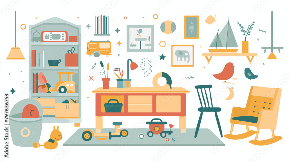 Flat Four children toys and furniture. vector illustration