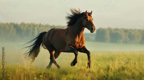 A wild horse running free across an open field, symbolizing unrestrained passion and freedom photo