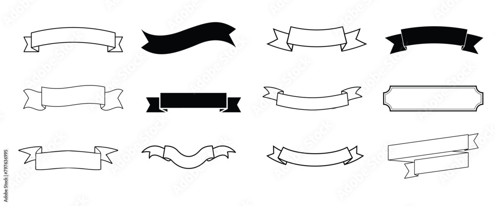 Set Of Ribbons, Set Of Banners, Isolated Ribbon Banner, Ribbon Icon, Ribbon Line Doodle

