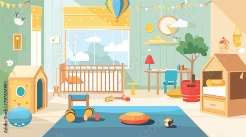 Flat nursery with bed and play area. Vector illustration © Tech