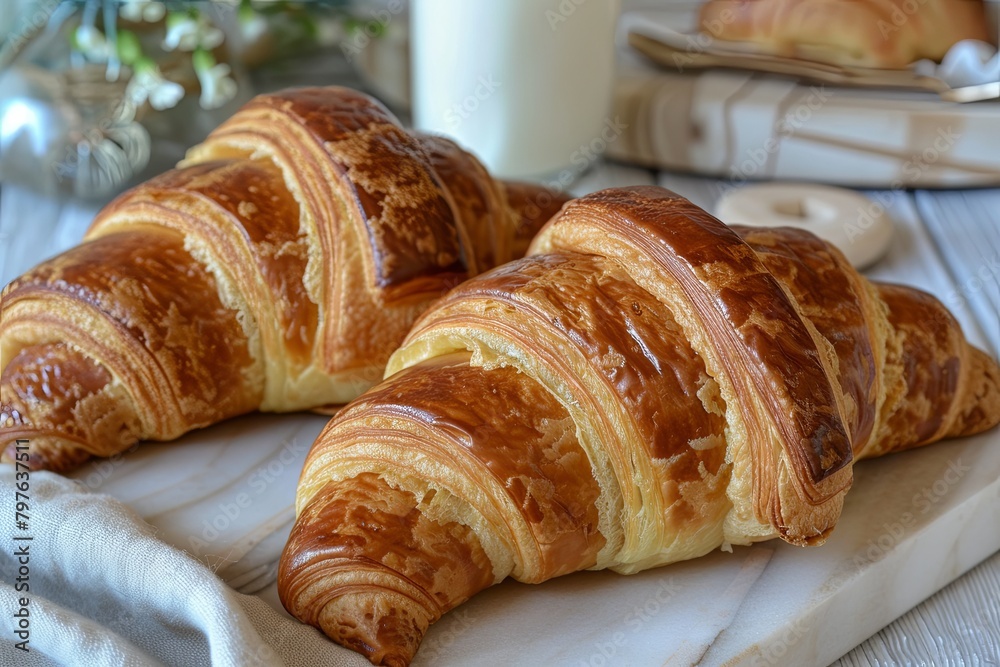 Golden Crust Elegance: Two Croissants Blending Tradition and Rustic Bakery Charm