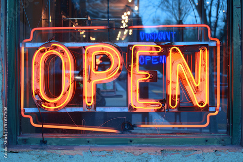 an image of open neon sign at night, with writing " OPEN " 