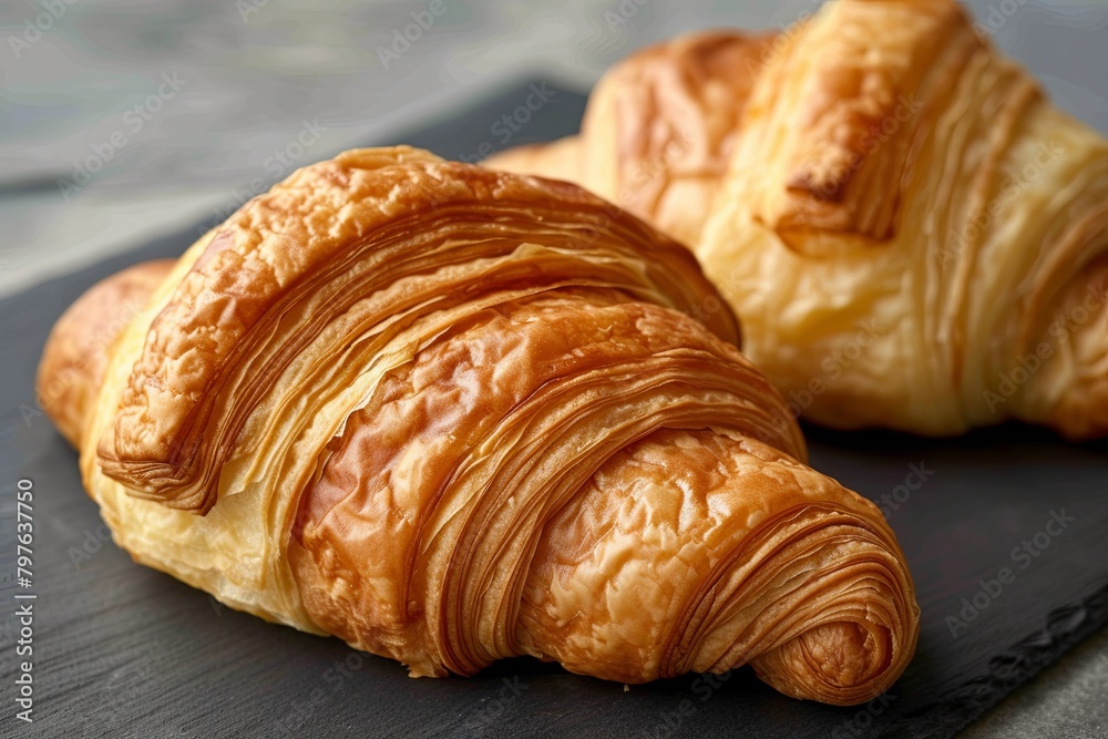 Golden Dough Croissants on Rustic Slate Board - Bakery Brunch Delight Golden Dough Croissants on Rustic Slate Board - Bakery Brunch Delight