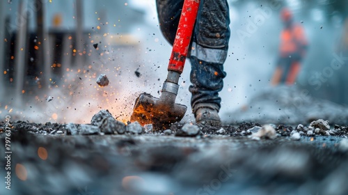 A Construction Worker Commands a Vibrant Red Jackhammer, Mastering the Art of Concrete Demolition