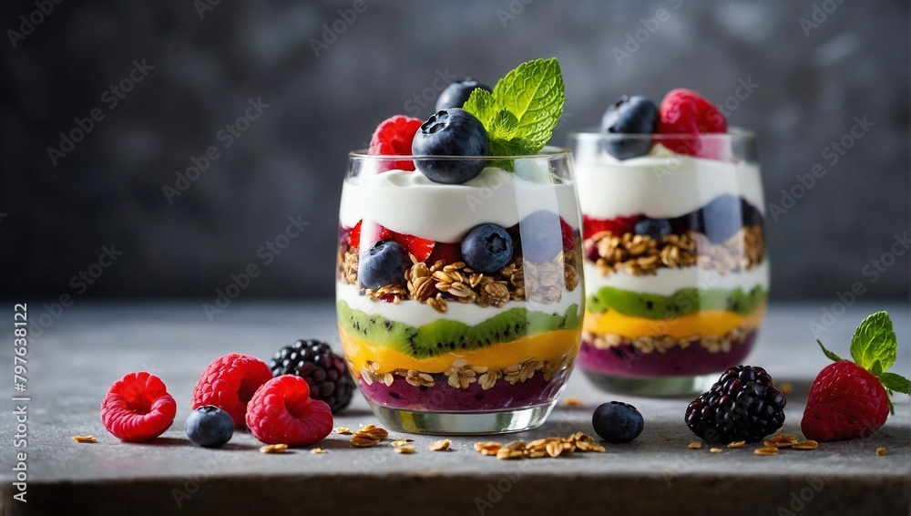 A decadent fruit parfait layered with colorful berries
