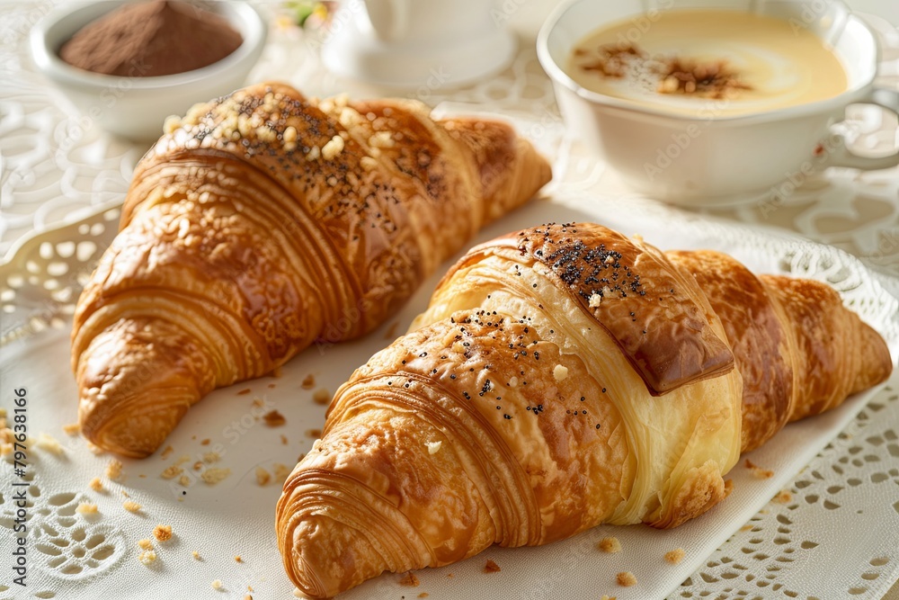 Fresh and Tasty: Gourmet Breakfast with Two Croissants in a Warm Inviting Setting