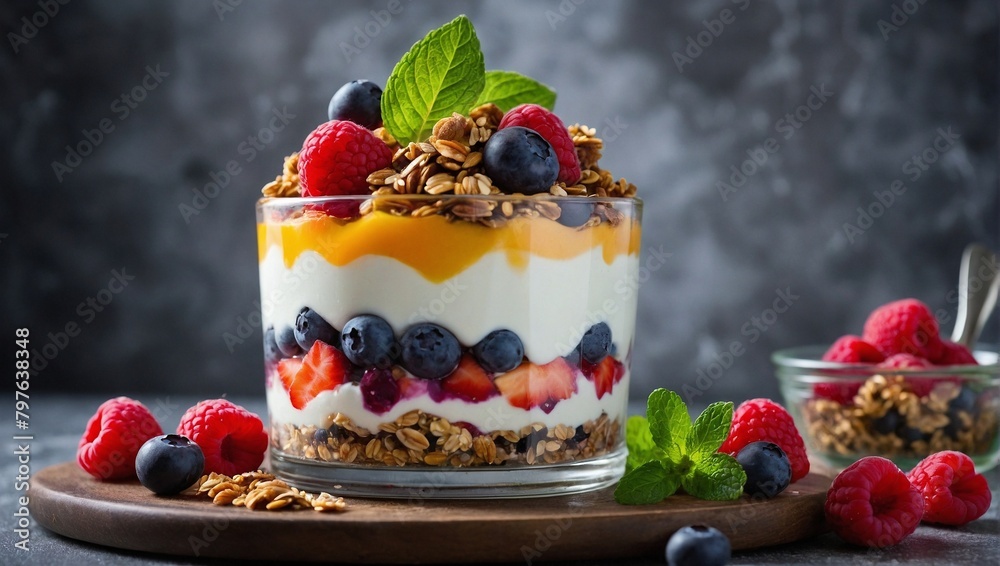 A decadent fruit parfait layered with colorful berries