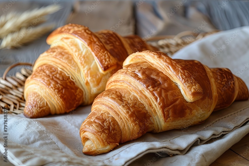 Two Crusty Homemade Croissants: Breakfast Bakery Fresh Dough in Natural Light