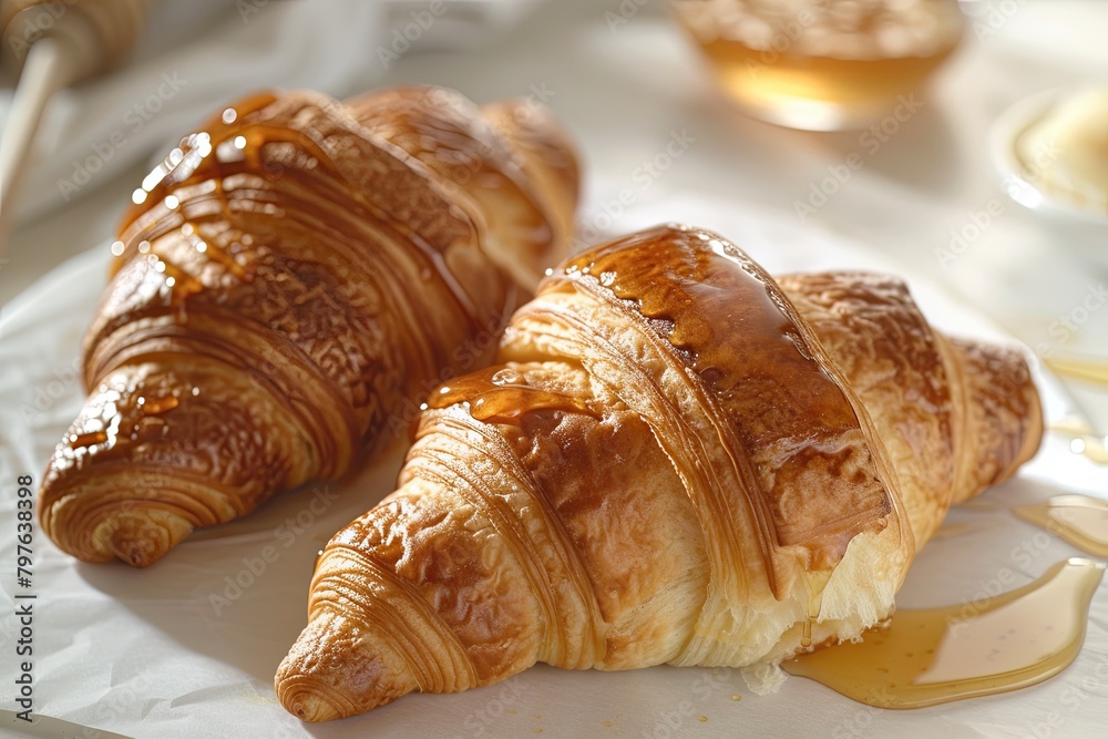 Fresh Bakery Delight: Two Croissants on Honey-Drizzled Warm Backdrop