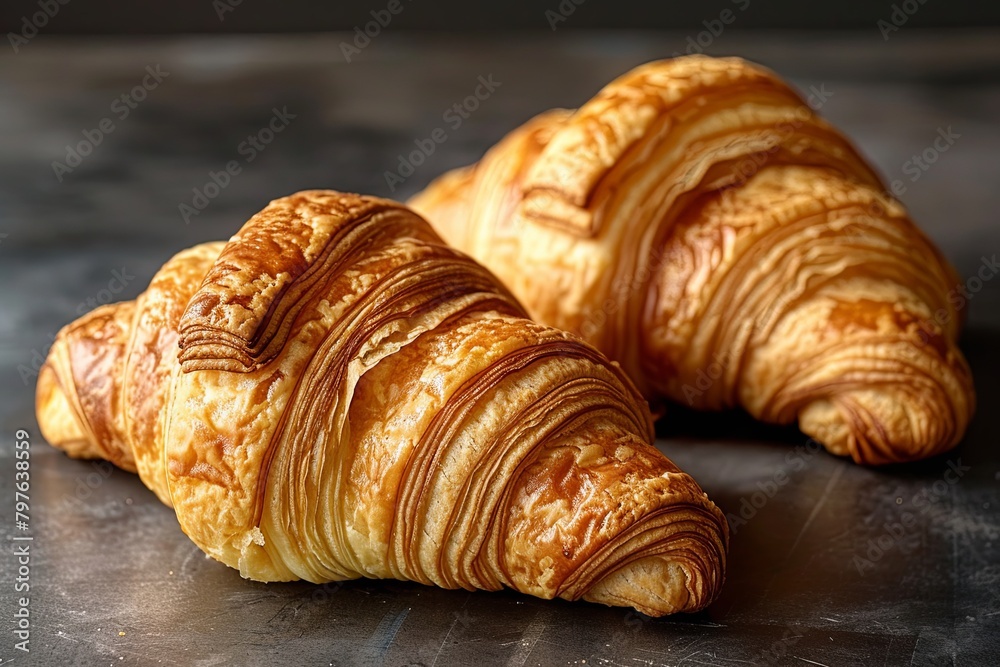 Golden Goodness: Two Crusty Croissants in a Dark Artful Composition Golden Goodness: Two Crusty Croissants in a Dark Artful Composition