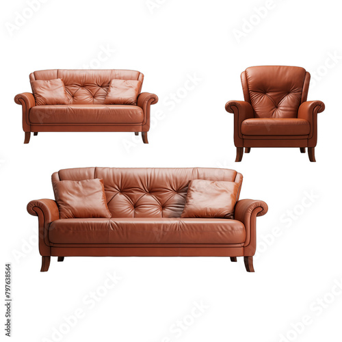 Collection of Luxurious Brown Leather Sofas and Armchair on White Background photo
