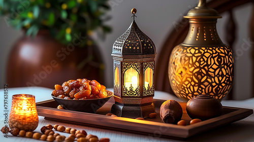 Ramadan Kareem with Arabic traditional light lantern Islamic mosque background © Sazzad