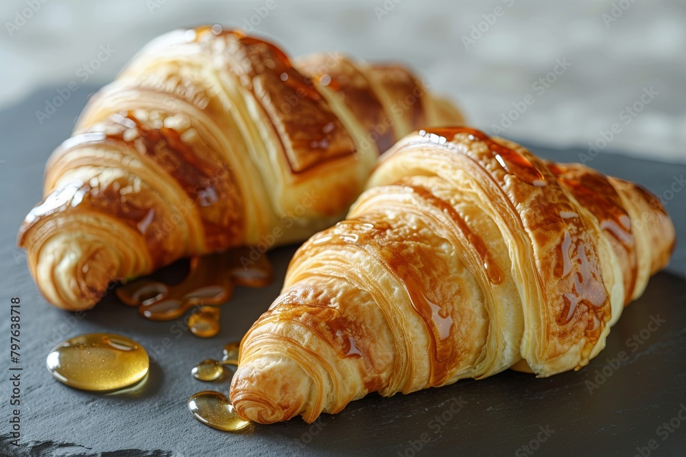 Golden Honey Croissants on Dark Slate - Breakfast Pastries Photography